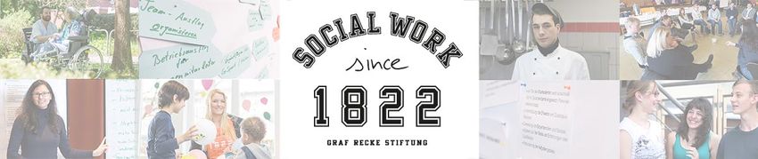 Fotos der verschiedenden Ausbildungs- und Berufsangeboten und der Schriftzug Social Work since 1822.